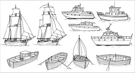Detailed Black and White Line Art Set of Various Boats: Tall Ships, Yachts, Motorboats, Sailboats, and Rowboats on Water