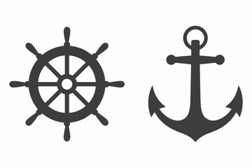 Nautical symbols ship wheel and anchor isolated on white background