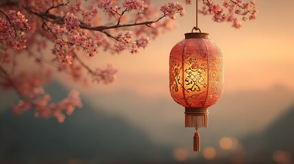 Beautiful Chinese Red Silk Lantern with Golden Pattern and Ink Mountain Backdrop for Festive Poster and Greeting Card
