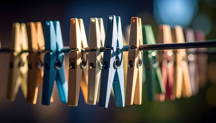 Colorful clothespins on a clothesline