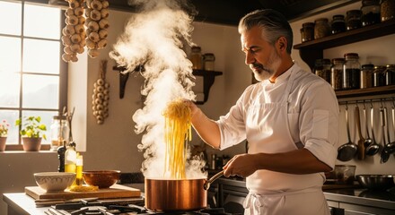 Chef Preparing Pasta in Rustic Kitchen. A skilled chef with salt-and-pepper hair and a focused expression is caught in the act of preparing pasta in a warm, rustic kitchen. 