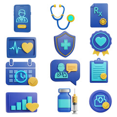 3D healthcare and medical icon set with blue theme featuring shield, prescription, patient card, doctor, and syringe

