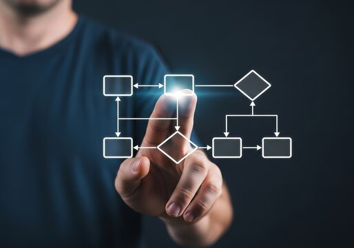 Man s finger interacting with a glowing digital flowchart on a dark background