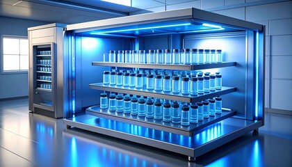 Side-angle view of vaccine vials in sterilization trays inside a UV chamber, glowing blue light highlighting sanitation process in a clinical setting.