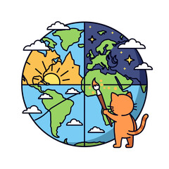 Creative Cat Painting the Earth Illustrating Day and Night Cycles and Global Art