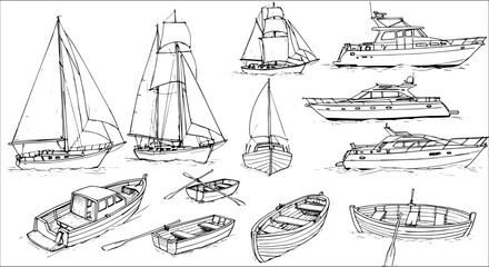 Detailed Hand-Drawn Line Art Collection of Diverse Boats and Watercraft, Showcasing Sailing Ships, Modern Yachts, and Classic Rowboats for Nautical Designs.