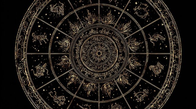 Ornate gold zodiac wheel on dark background