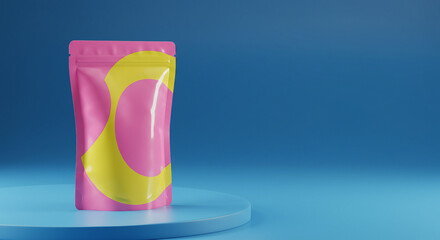 Pink Pouch Mockup with Yellow Circle on Blue Podium Minimalist Product Display.
