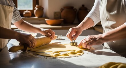 Generations of Taste: Making Pasta Together. a grandmother and her grandchild collaboratively making pasta in a cozy kitchen. 