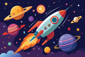  a detailed illustration of a retro rocket ship navigating through a starfilled galaxy, surrounded by colorful planets and nebulae, evoking a sense of wonder and space exploration vector illustration