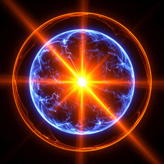 Glowing spherical core with radiant orange energy beams and blue electric streams. Abstract shape