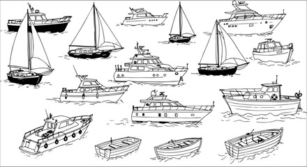 Black and white line art illustration showcasing a variety of boats and ships, including sailboats, yachts, motorboats, and small rowboats, floating on water.
