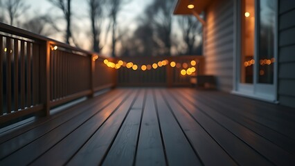 Twilight wooden deck glowing warmly in soft natural light, minimalist and serene.