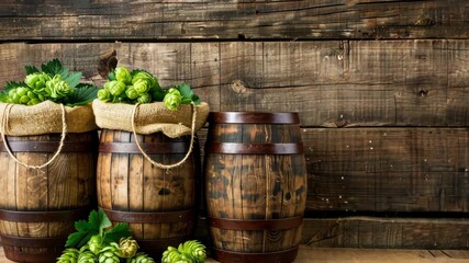 Discover the process of aging beer with fresh hops in beautifully crafted wooden barrels in a rustic setting