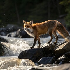 Obraz premium Beautiful red fox standing on a few stones over the water surface. Very focused on its prey. Pure natural wildlife photo. Ready to hunt.