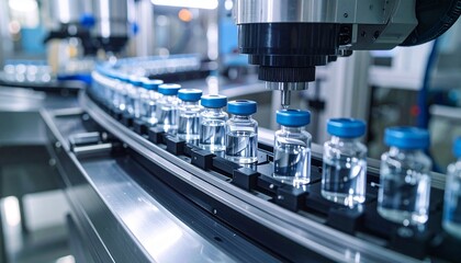 Close-up detail of barcode labeling machine tagging vaccine vials with batch information, glass texture and dynamic angle highlight precision automation.