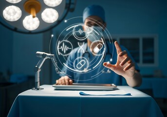 Doctor using futuristic medical technology with digital health icons