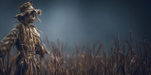 Rustic Scarecrow Standing Amidst Tall Golden Wheat Stalks Under Moody Sky in Autumn Harvest Landscape