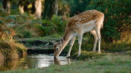 Obraz premium Fawn drinks from a woodland stream