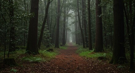 Obraz premium Forest path under misty conditions