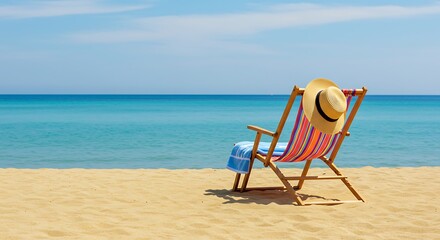 A solitary deck chair with a straw hat on a sun-drenched sandy beach, overlooking the tranquil blue sea on a summer day.