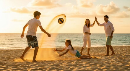Beachside Bliss: A Family Volleyball Game at Sunset. A joyful family moment on a sunny beach as the sun begins to set. A teenage boy leaps to spike a volleyball