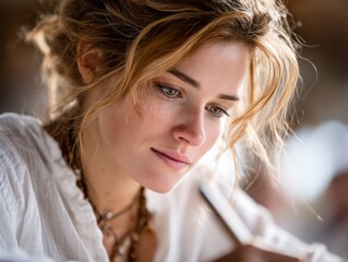 A woman with long blonde hair and a white shirt