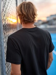 A man standing in front of a fence looking out over a tennis court