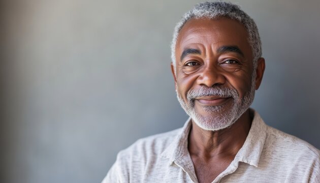 Portrait Of A Confident African American Senior Man At Home Smiling And Looking At The Camera. Senior Man Standing Against A Grey Background.