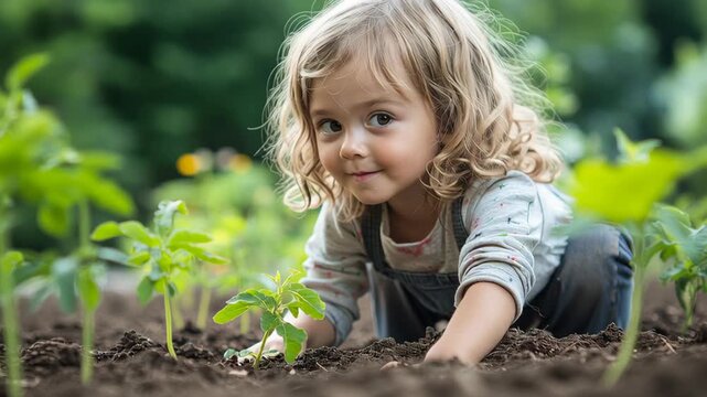 Child Planting Seedling in Garden Nurturing Growth and Promise Through Natures Soil and Joyful Planting Experience