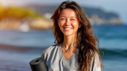 Smiling woman holds yoga mat by the beach on a sunny day, ready for morning practice and relaxation - Powered by Adobe