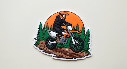 Motocross rider on bike in forest with sun background