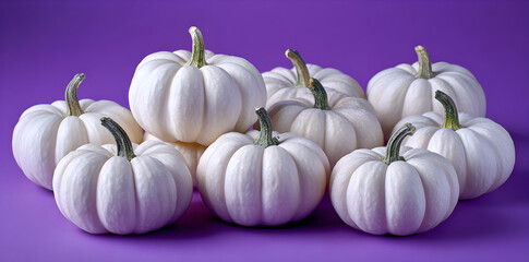 Aesthetic Arrangement of White Pumpkins on Vibrant Purple Background for Autumn Harvest Theme