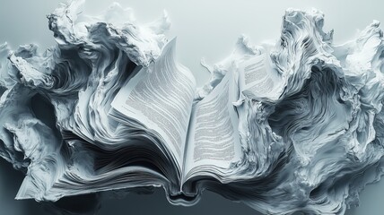 Torn novel pages in wind tunnel flow with typography streamlines and literary fluid dynamics