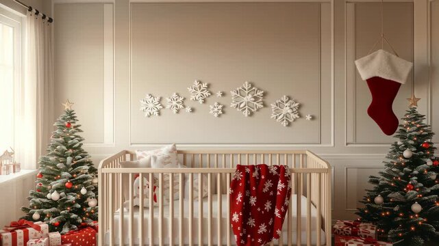 Cozy Baby Crib with Snowflake Themed Christmas Decor Surrounded by Festive Trees and Gifts Creating Warm Holiday Atmosphere