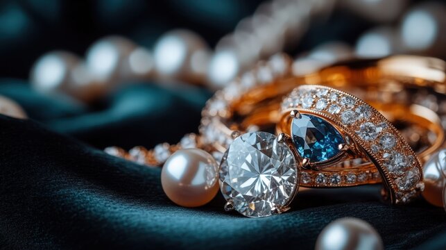 An exquisite diamond ring lies gracefully alongside lustrous pearls on sumptuous fabric, embodying a perfect blend of luxury and sophistication. The contrasting textures create a striking visual appe