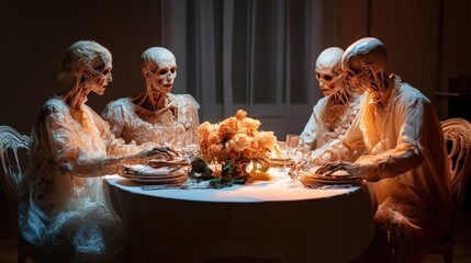 This haunting yet artistic scene features skeletons sharing a meal at a beautifully set table, illustrating a deep commentary on life and death. The striking visuals challenge viewers' concepts of mo
