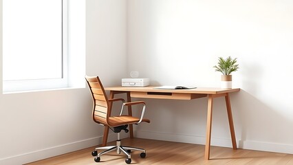 Minimalist office corner with wooden desk and chair, bathed in natural window light.