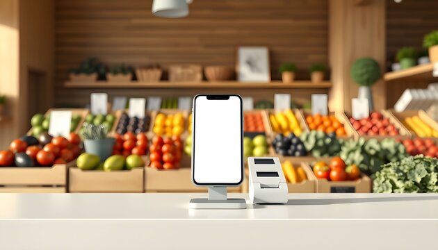A mobile phone with a blank screen stands on a counter in front of produce at a market, next to a card reader.