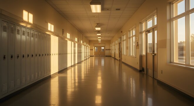 Empty school hallway bathed in golden sunlight, reflecting off polished floors.