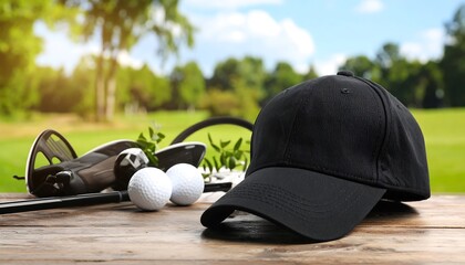 Golf cap and accessories on a wooden table outdoors