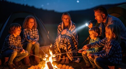 Starry Night Stories: Camping Under the Cosmos. Portrays a family of six gathered around a crackling campfire at night, roasting marshmallows on sticks. A tent is visible in the background