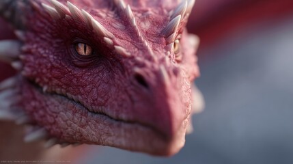 A close up of a red dragon's head with spikes on it's head