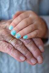 A woman's hand holding a woman's finger with a ring on it