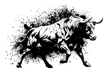 Detailed Powerful Running Bull Dynamic Aggressive Charging Black and White Drip Splat Abstract Art Illustration
