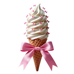 3d Ice Cream Illustrations with Pink Bows on Transparent Background. Coquette Illustration, Generative AI