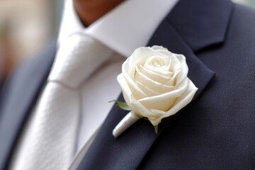 A close up of a white rose on a man's lapel
