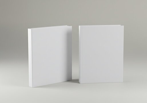 Two blank white books standing open on a light gray surface