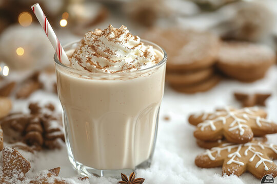 Glass of eggnog with whipped cream and nutmegv surrounded by gingerbread cookies