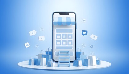 Smartphone with a shop awning and shopping bags, representing online shopping.